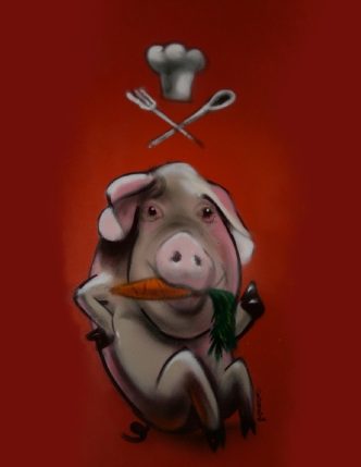 KochVergnügen Maskottchen Gezeichnetes Schwein mit Kochmütze, Karotte und gekreuztem Besteck auf rotem Hintergrund.